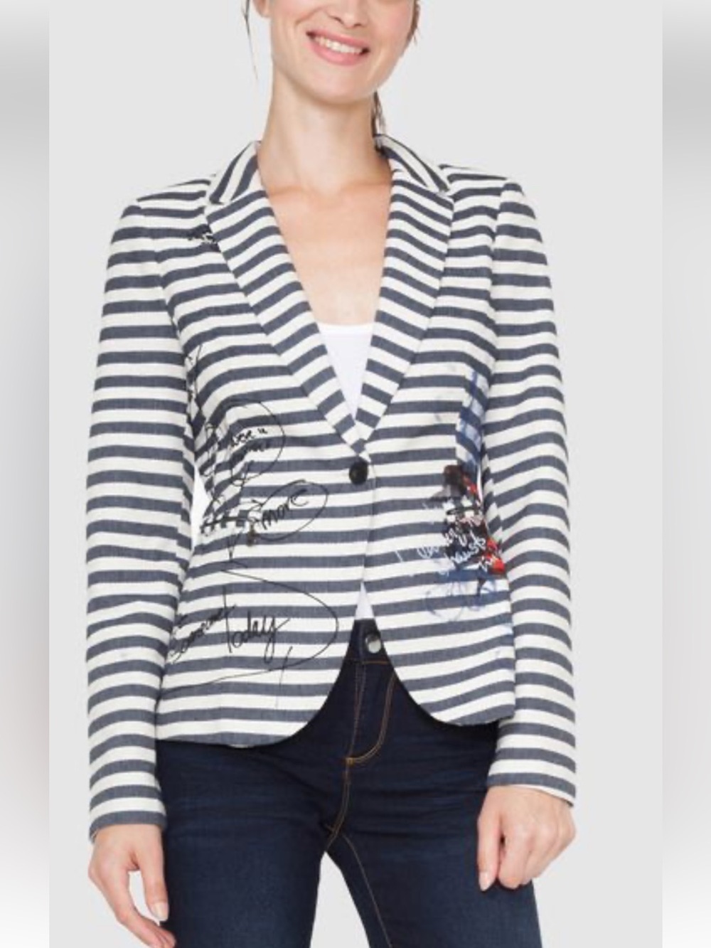 Desigual Navy & White Striped Single-Button Blazer